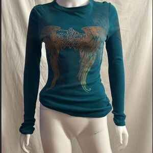 Stylish Teal Long Sleeve Top with Wing Design